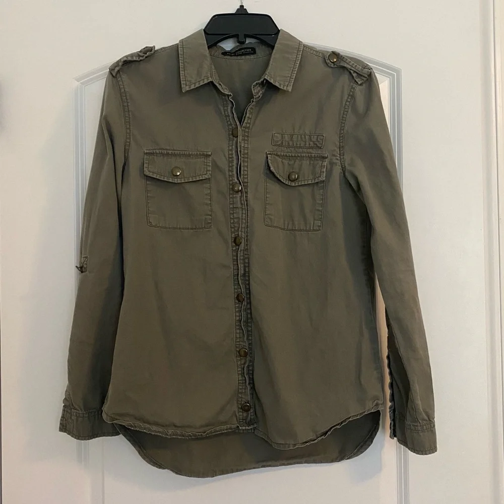 Olive Green Cargo Button-Down Long Sleeve Shirt - Picture 1 of 6
